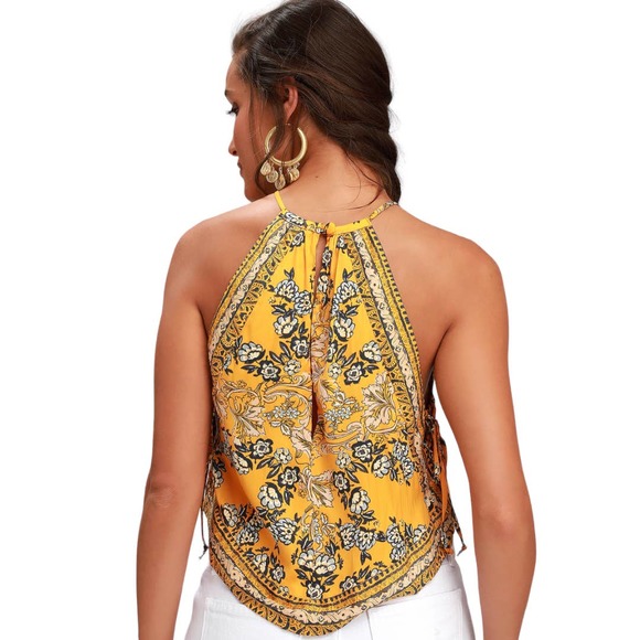 Free People Sofia Printed Halter Top Large Yellow Paisley Scarf Boho Festival - Picture 9 of 10